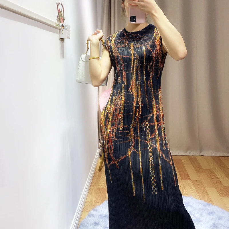 Changpleat новые женские платья с принтом Miyak Плиссированное модное дизайнерское приталенное женское элегантное платье с О-образным вырезом и эластичной талией D9087