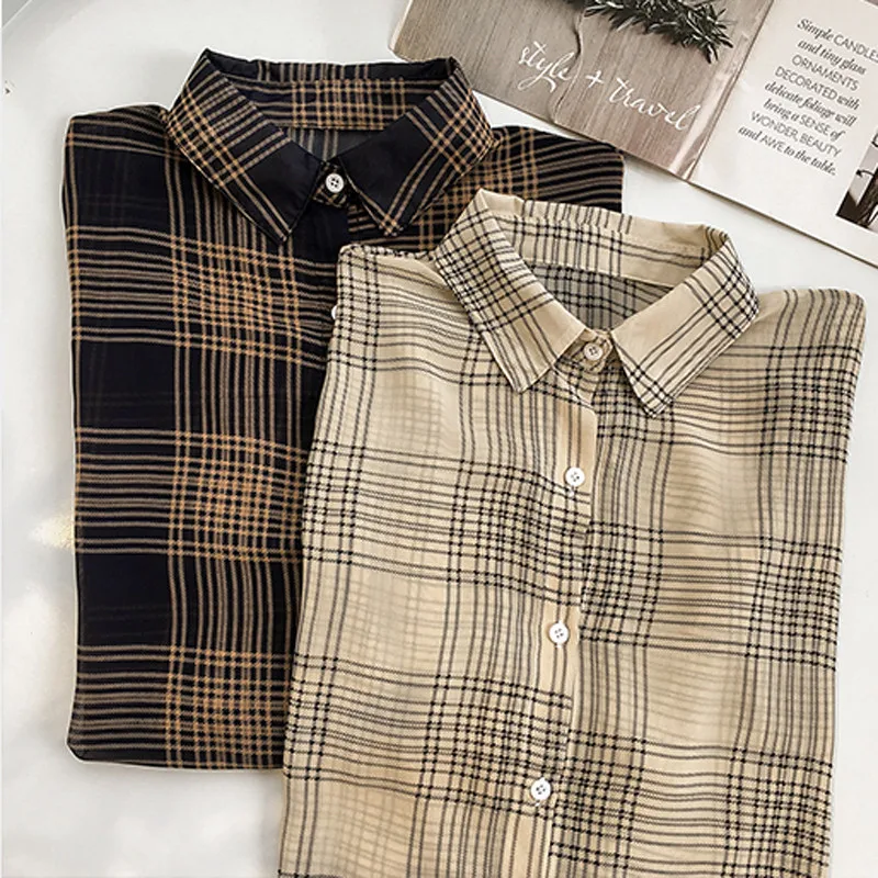 

Korean Women Plaid Blouse Long Sleeve Loose Top Shirt OL Ladies Casual Shirt Summer Tops Plus Size Tops Women Clothes