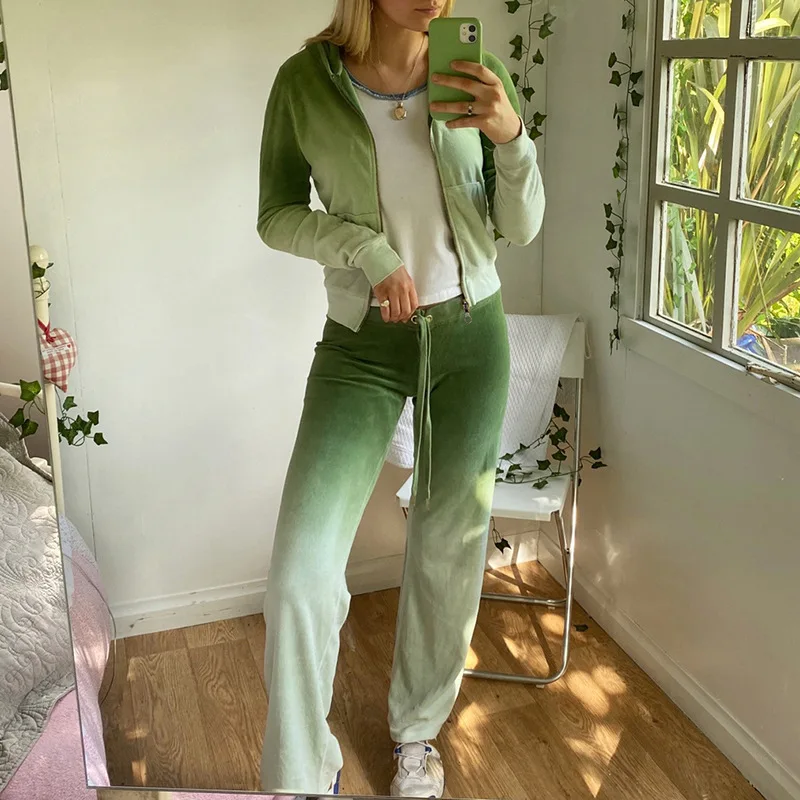 

2Pcs Women Fall Tracksuit Solid Color/Gradual Color Hooded Long Sleeve Zip-Up Crop Tops + High-Waist Pants Set