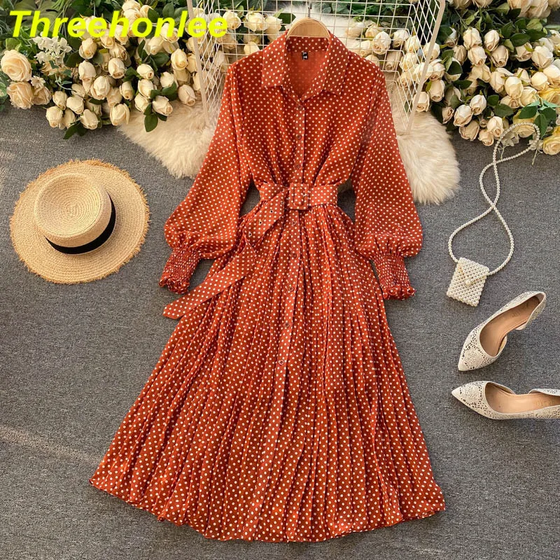 

Women Spring And Summer French Vintage Maxi Dress 2021 Sundress Ladies Long Sleeve Polka Dot Chiffon Pleated Dresses Femme Robe