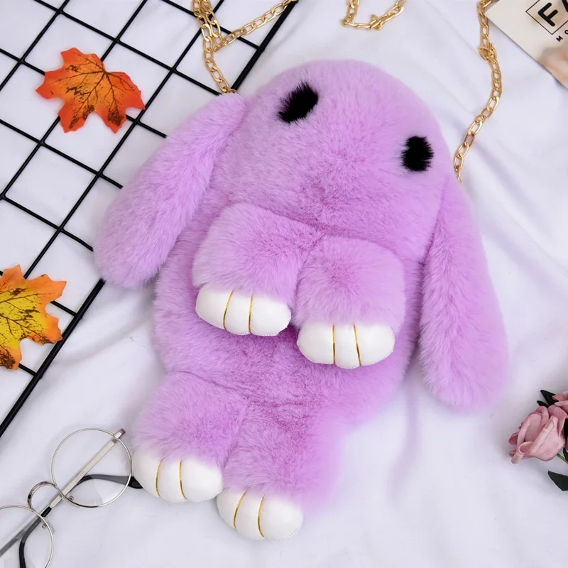 

Shoulder Bag Plush Backpack Cute Fluffy Rabbit Fur Pompoms Chain Bag Women Cartoon Rabbit Sling Bag