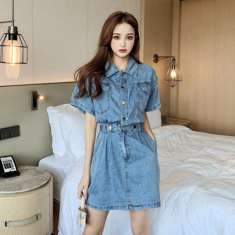 

Women 2021 summer new Korean version slim waist short-sleeved denim dress A-line jeans dresses female