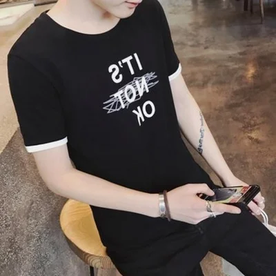 

Men's Gray Striped Short Sleeve T-Shirt Korean Trend Slim Round Collar Student Half Sleeve Shirt Men's Wear