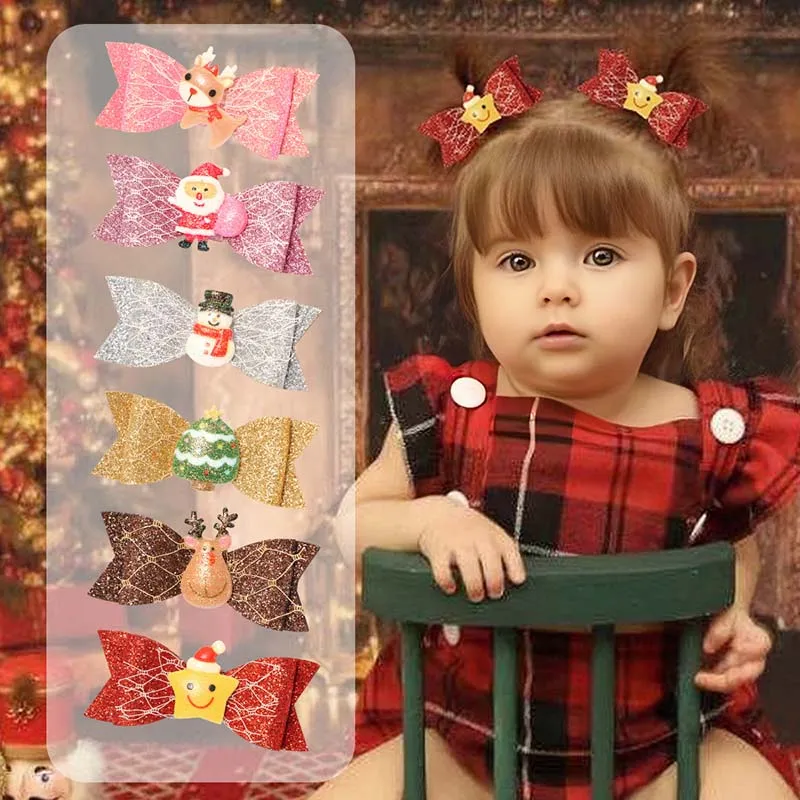 

1PCS Christmas Glitter Bows Baby Accessories Hair Clip accesorios para el cabello аксессуары clips de pelo Santa Claus Hairpin