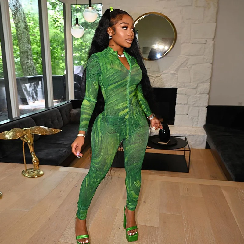 

wsevypo Autumn Water Ripple Print Long Sleeve Jumpsuit Women's Sports Wear Zip Up Slim Fit Long Rompers Casual Female Overalls