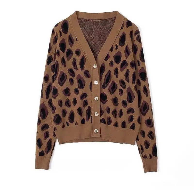 Женский кардиган с леопардовым принтом короткий вязаный свитер V-образным