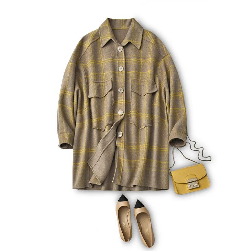 

SHUCHAN, Женское зимнее пальто оверсайз, шерстяное 2021 клетчатое длинное винтажное Женское пальто, женские зимние однобортные парки