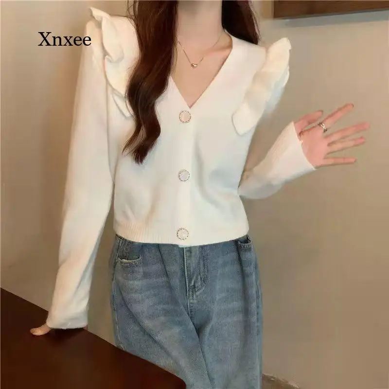 

Women's New Elegant Long-Sleeved Mohair Sweater Women's Single-Breasted Short Cardigan Soft Elastic Knitted Jacket