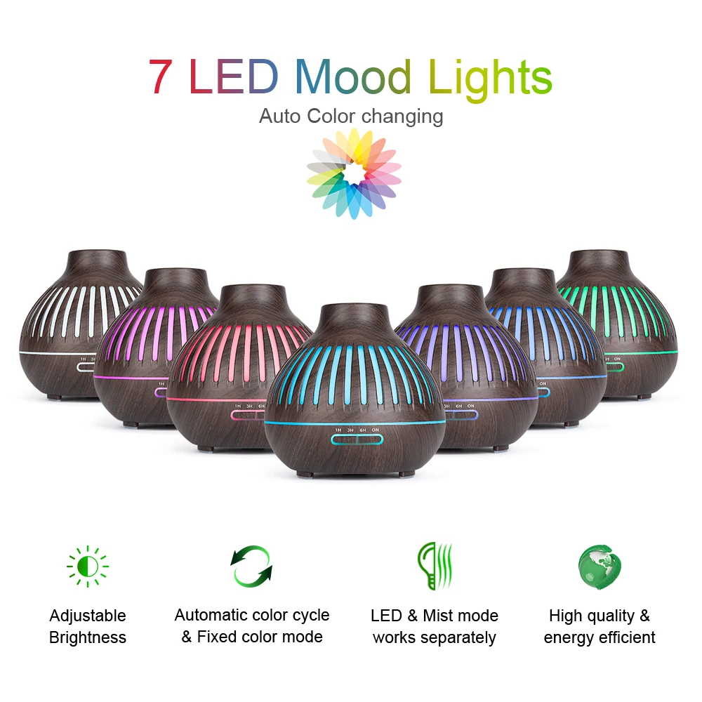 

Air Humidifier Ultrasonic Aroma Essential Oil Diffuser 400Ml Aromatherapy Machine Full Wood Grain Color Changing