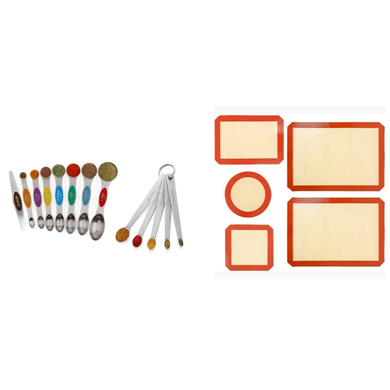 

13X Stainless Steel Measuring Spoons Set & 1Set Silicone Baking Mats Set Of 5 By Aceprod Non Stick Reusable Baking Mats