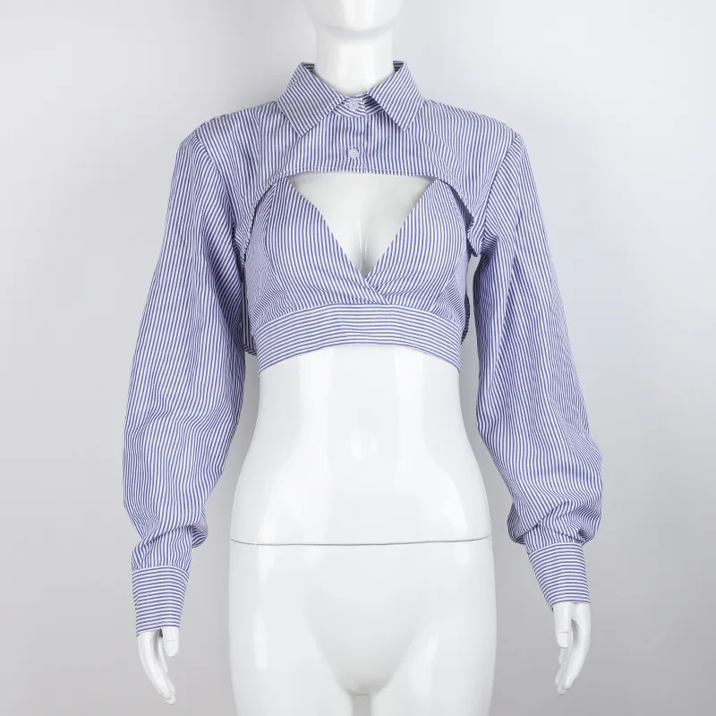 

Two Piece Sets Striped Cropped Notched Buttons V-Neck Short Blouses Shirts Top Women High Street Autumn Sexy Lace Up Bow Blusa