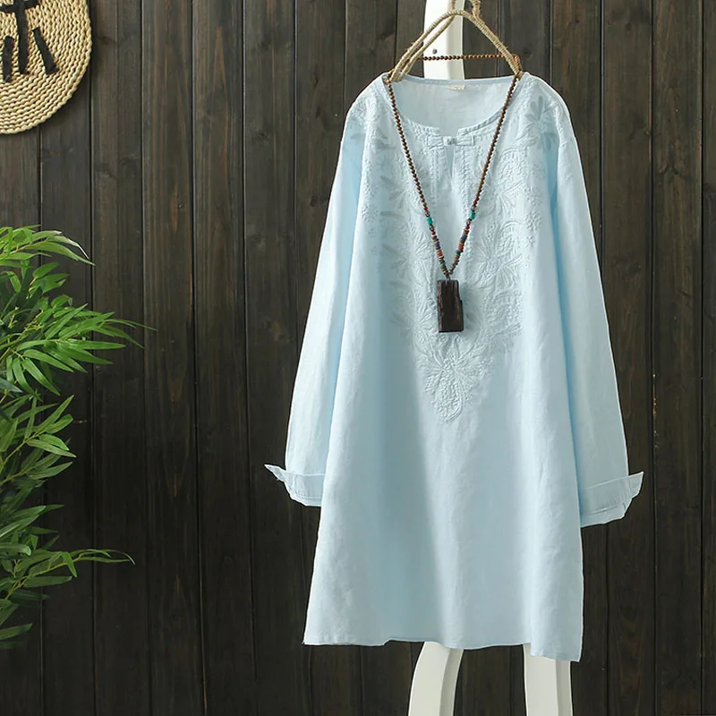 Простой топы с вышитыми цветами и льняная рубашка блузка Для женщин Повседневное