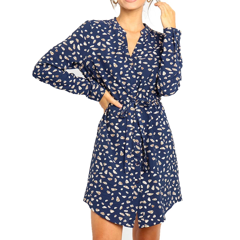 Vintage Chiffon Dress Long Sleeve Bob Style Party V Neck Dot Drawstring A-line Women Office Elegant Clubwear | Женская одежда