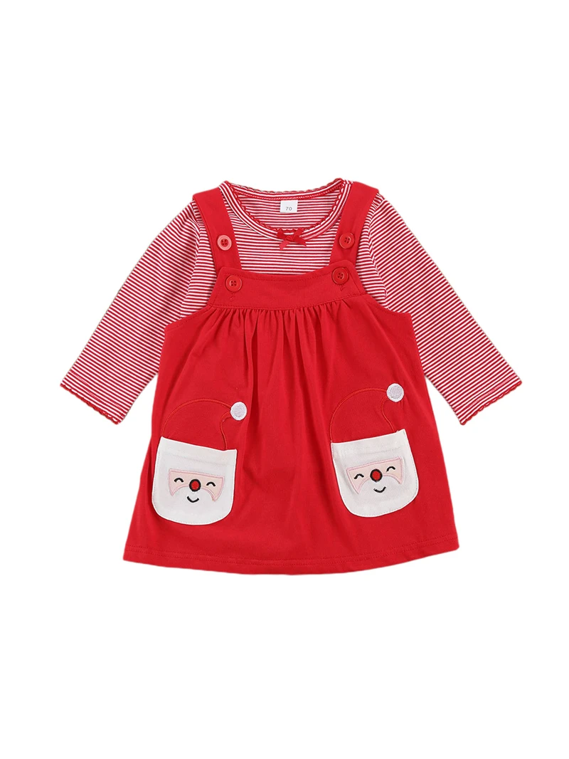

Baby Girls 2PCS Skirt Outfits Red Stripe Crew Neck Bow Lace Long Sleeve Top Santa Pattern Pocket Strap Skirt Xmas kids clothes
