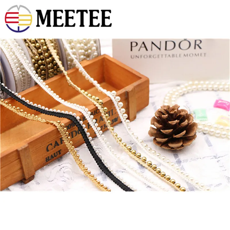 Кружевная обшивка Meetee 5 ярдов 1 см с золотым жемчугом украшенная бусинами ручная