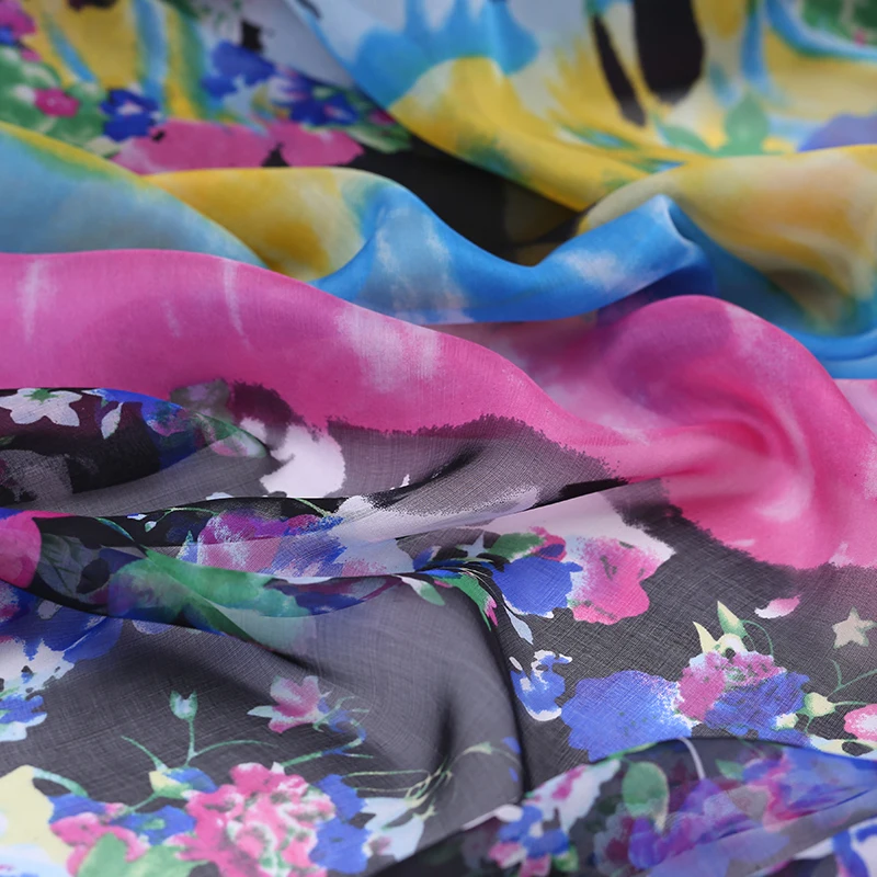 

Digital printed silk chiffon fabric meter transparent tulle fabric 135cm beach skirt dress silk fabric wholesale silk cloth