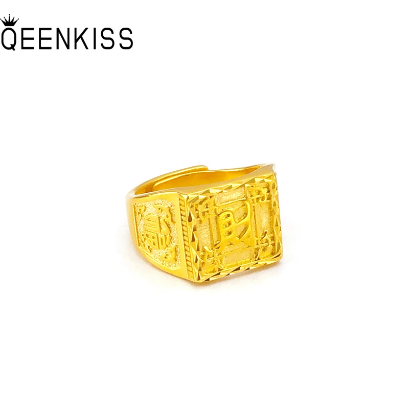 

QEENKISS RG557 2021 Fine Jewelry Wholesale Fashion Man Boy Birthday Wedding Gift Square FA CAI FU RUYI 24KT Gold Resizable Ring