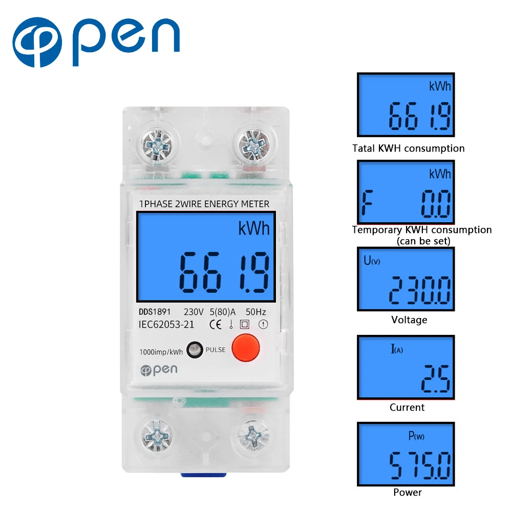 Счетчик энергии, 230 В, 5(80)A, 1 фаза, 2 провода, DIN-рейка, подсветка, кВтч, с измерителем мощности сброса