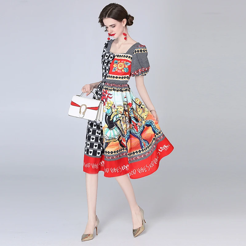 

Merchall 2021 Fashion Summer Vintage Backless Midi Dress Women Puff sleeve Elegant Plaid Floral Print Holiday Party Robe M61563