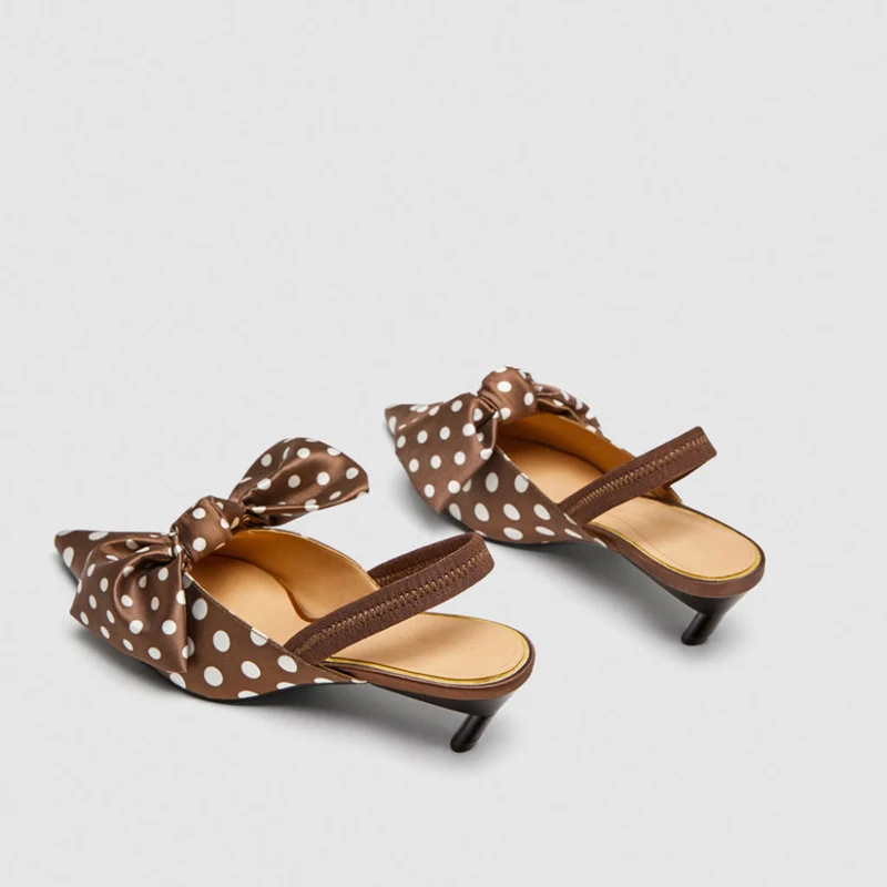 Женские босоножки в горошек без задника на высоком каблуке с бантом котенком и