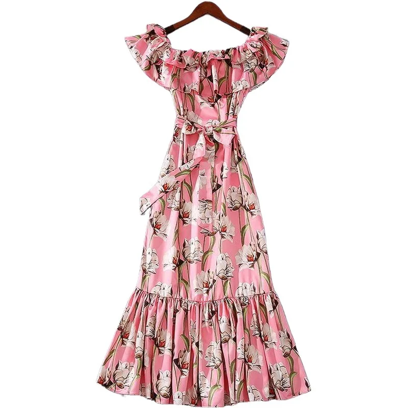 

European Runway Designers Dress 2020 Elegant Off Shoulder Ruffles Printed Midi Summer Dress Women