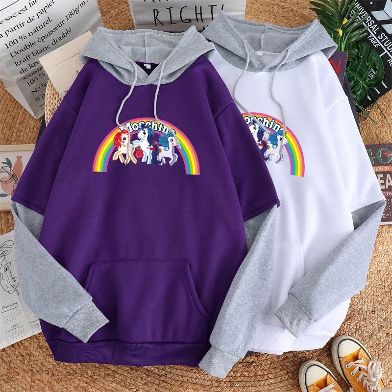 

Y2k толстовки женский свитер поддельные 2 предмета флис большого размера единорог Радуга пони мультфильм печатный пуловер каваи женская оде...