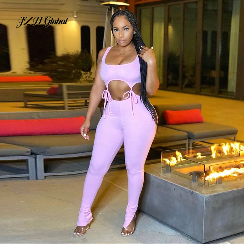 

NJJZH 2021winter spring Fashion WomenSolid Sexy Crewneck Sleeveless Sling pack hip Hollow OutBandage Leisure sport Pant Sets