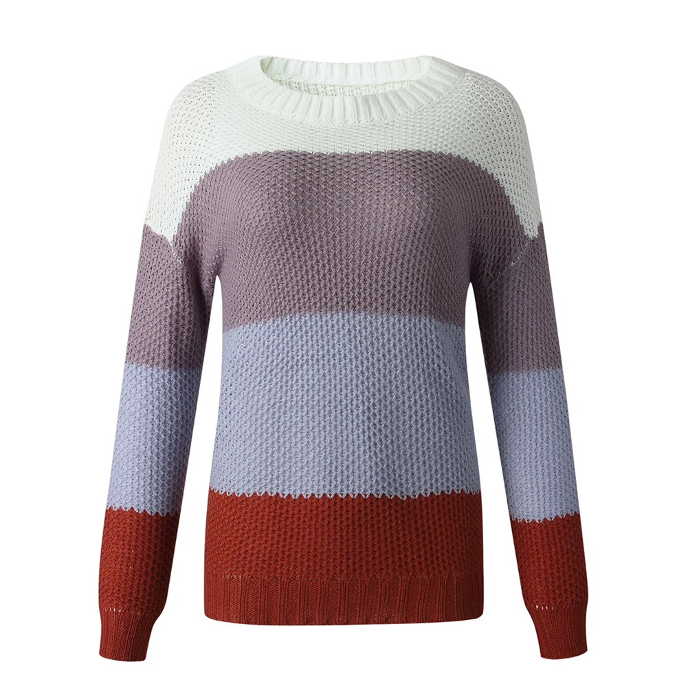 

2020Fashion Women Color Block Long Sleeve Knitted Sweater Casual O Neck Outerwear fashion striped oversized pullover female sale