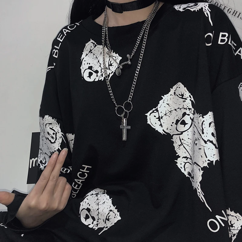 

Summer Short Sleeve T-shirts Couple O-neck Pullover Little Bear Print Casual Loose Male Clothing Vintage Hip Hop Sudadera Hombre