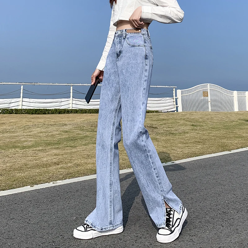 

ZOENOVA High Waist Slit Of Design Ladies Jeans 2000s Aesthetic Fashion Pants Basic Light Blue Quality Cotton Trousers For Women