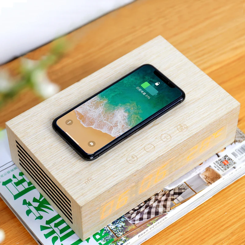 Homtime Беспроводная зарядка Bluetooth динамик будильник с деревянным зерном дизайн S и