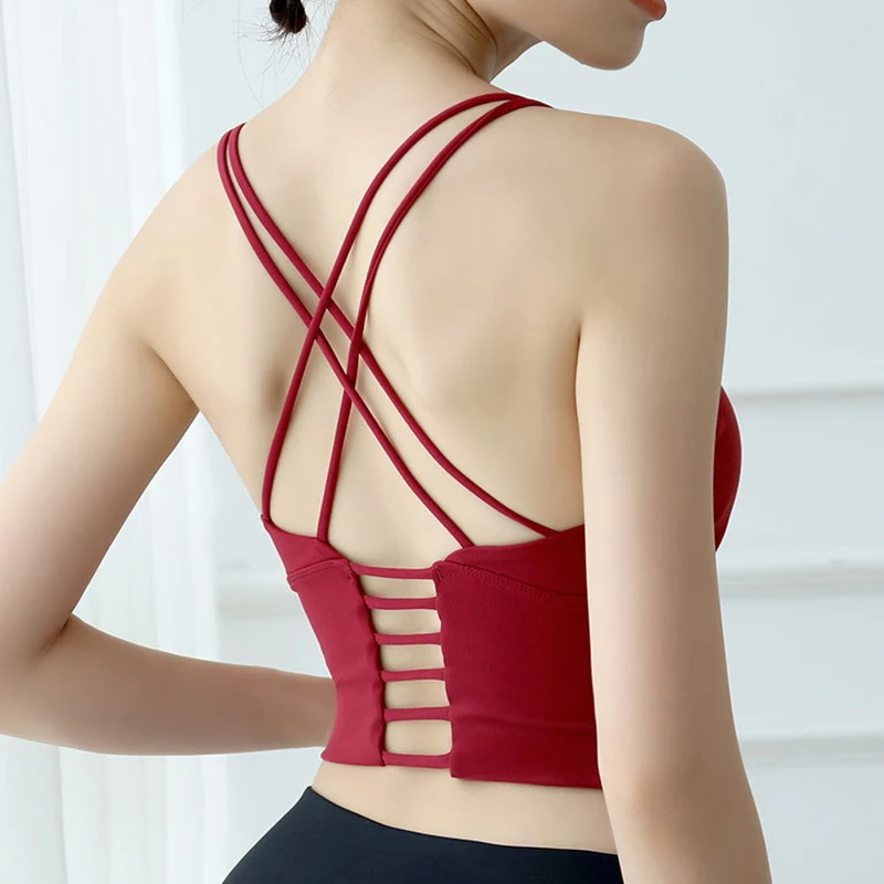 Wine red Спортивный топ, жилет, красивый спортивный бюстгальтер, укороченный топ для фитнеса, ударопрочный, высокоинтенсивный, спортивный, для йоги, тренировок, нижнее белье, бюстгальтер для фитнеса - Color: Wine red