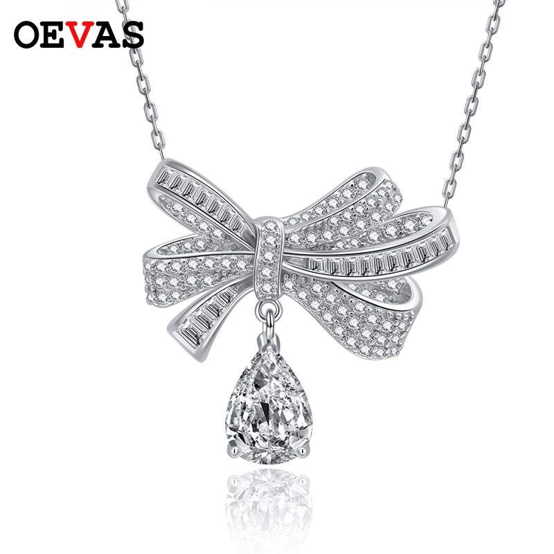 

OEVAS Real 925 Sterling Sparking High Carbon Diamond Bow-knot Pendant Necklaces For Women Sparking Wedding Party Fine Jewelry