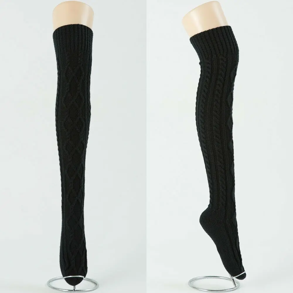 Женские зимние теплые вязаные крючком чулки выше колена до бедра в полоску
