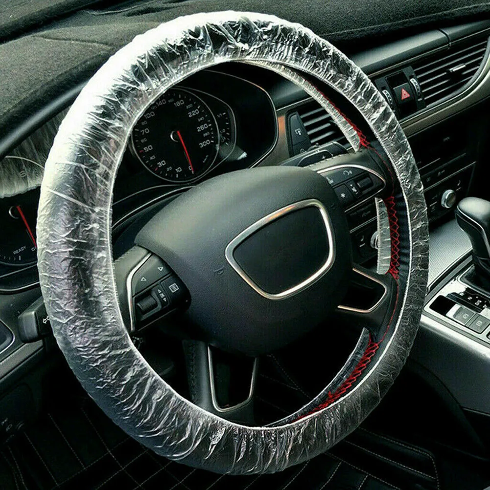 

100pc Car Clear Universal Disposable Steering Wheel Cover Plastic Clear With Elastic Trims For Less 40 Cm Steering Wheel