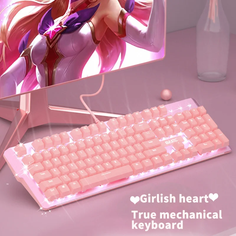Новинка 2021 розовая игровая Механическая Проводная клавиатура для девочек
