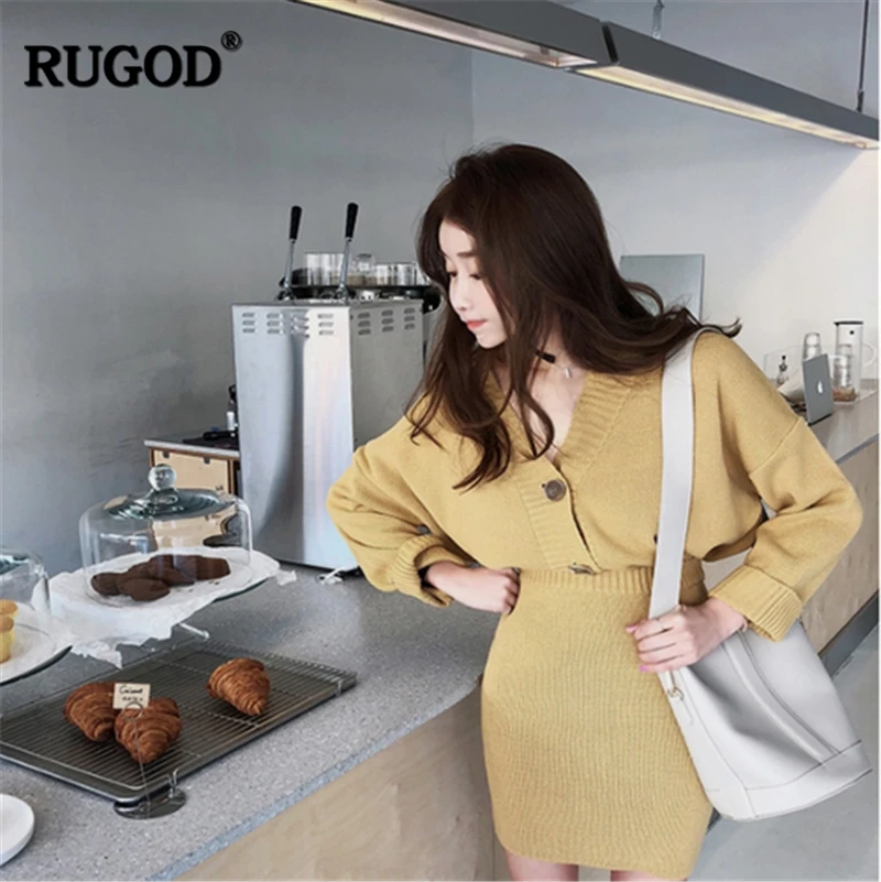 Женский вязаный костюм RUGOD Однотонный свитер с длинным рукавом и v-образным