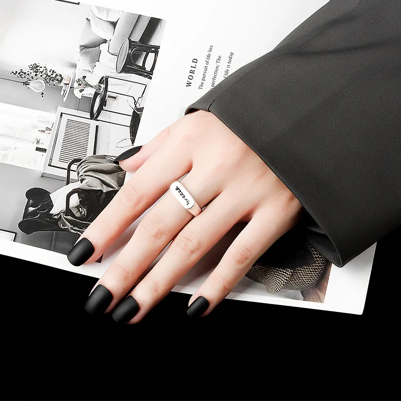 

QMCOCO925 Sterling Silver Rings Opening Geometric Rectangle Handmade breeze Engraving Jewelry Wedding Accessories for Women Gift