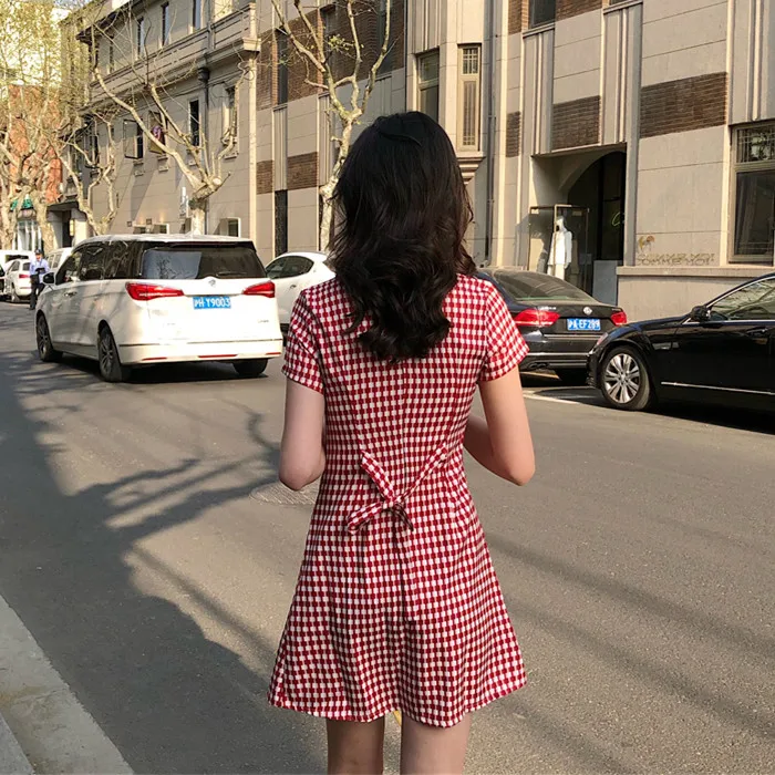 New Women Harajuku Vintage Turn-Down Collar Short Sleeve Single-Breasted Red/Black Plaided Dress Sexy Party Slim Dresses Vestido | Женская