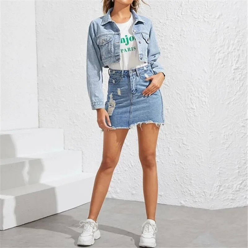 

2021 Women's Fashion Short Retro Jeans Cropped Long Sleeve Female Denim Jackets Vintage Street Motorcycle Coats