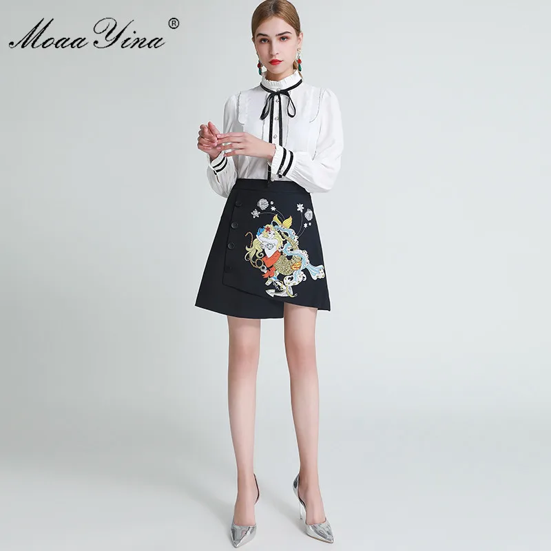 

MoaaYina Fashion Designer Set Autumn Women Long sleeve Shirt Tops+Beaded Sequins Short skirt Print Two-piece sets