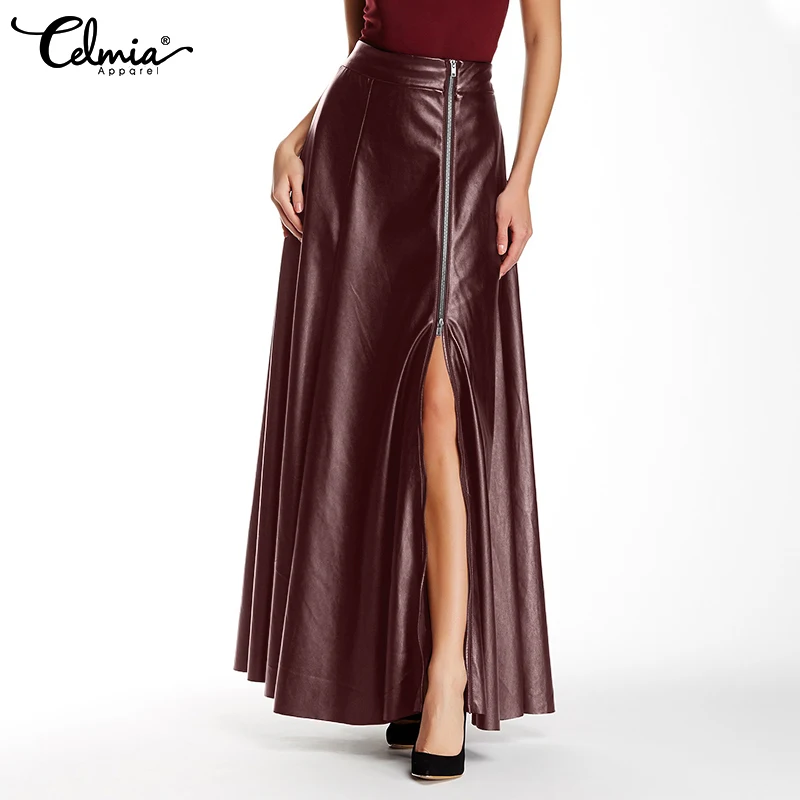

Women Fashion Split Hem Jupes Celmia PU Leather High Waist Zipper Long Faldas 2021 Autumn Casual Solid Color Party Maxi Skirt
