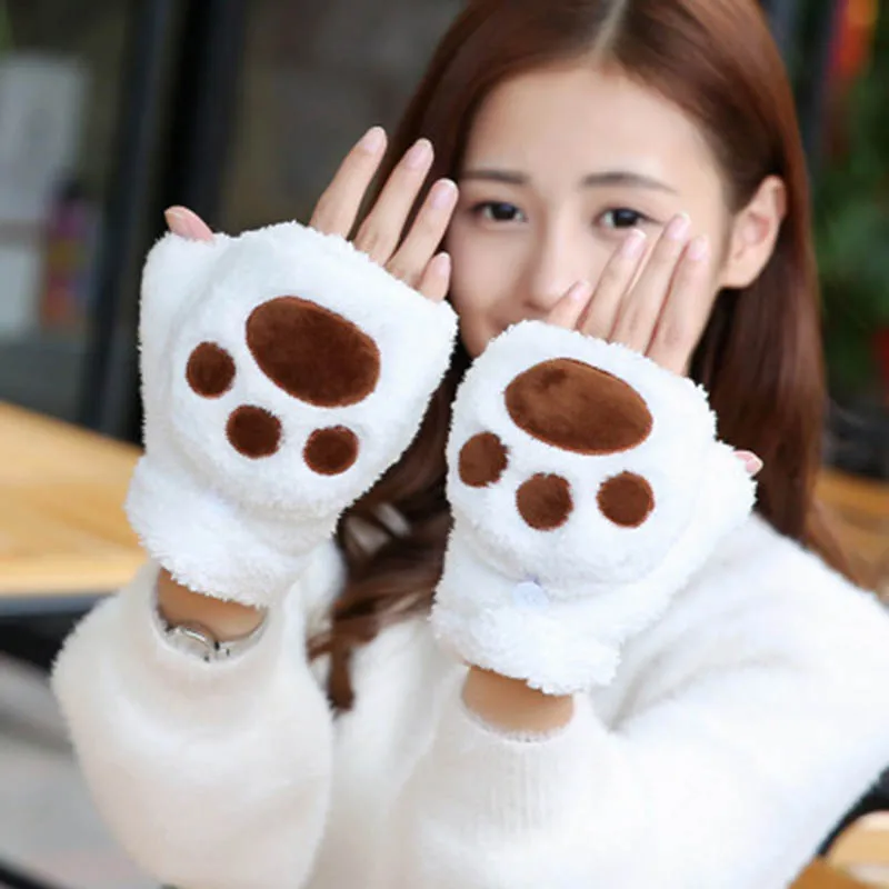 

Winter women half finger gloves cat claw plush mittens warm soft fingerless Fluffy Bear Cat Gloves thick flip riding gloves E62
