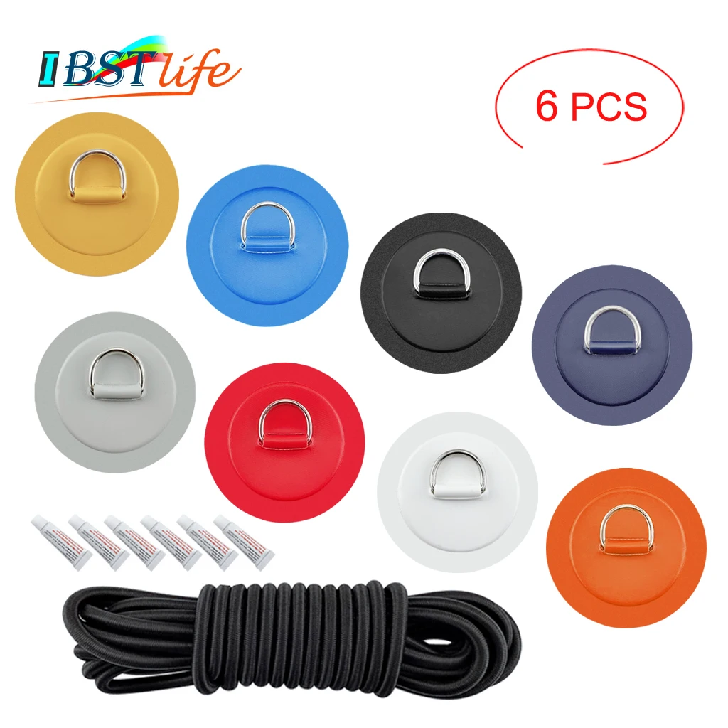 

6PCS/lot Surfboard Dinghy Boat PVC Patch With Stainless Steel D Ring Deck Rigging Sup Round Ring Pad 5m Elastic Bungee Rope Kit