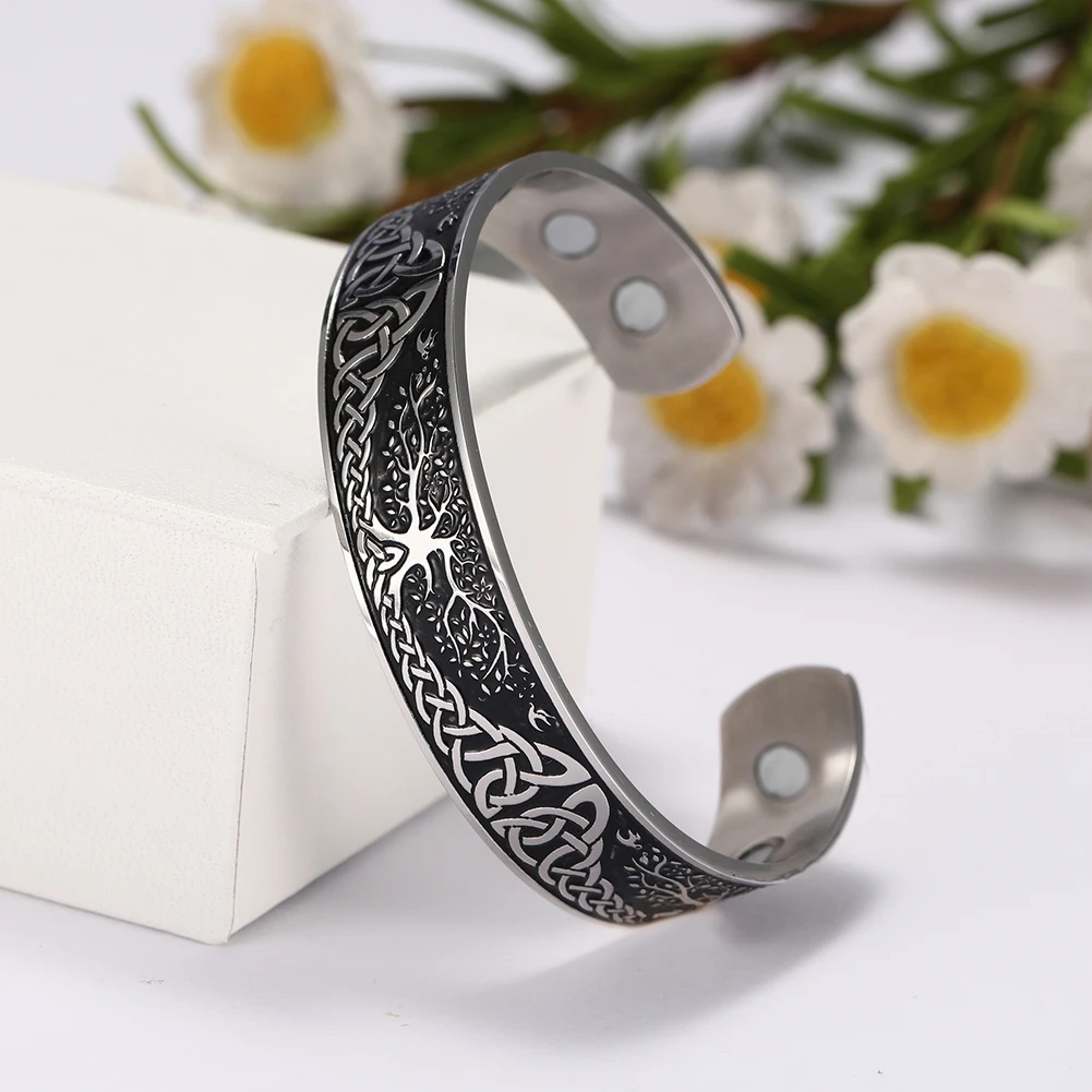 

Skyrim Viking Bangle Endless Love Knots Tree of Life Birds Stainless Steel Cuff Magnetic therapy Bracelet Men Women Jewelry Gift