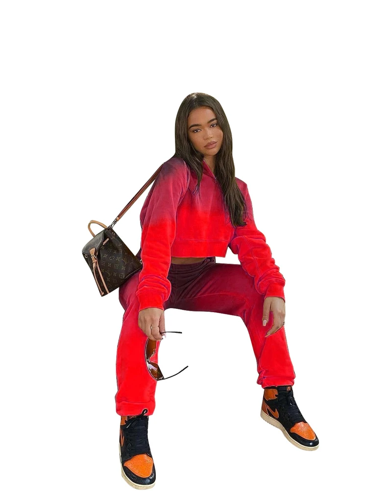 

Adogirl 2021 Spring Changing Color Two Piece Set Women Casual Suit Long Sleeve Crop Top Sweat Pants Fashion Streetwear Tracksuit