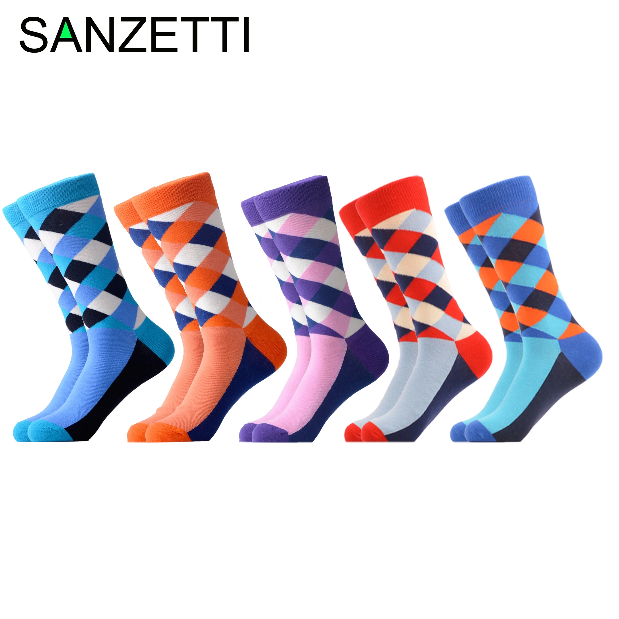SANZETTI 5 пар в партии мужские цветные повседневные носки из чесаного хлопка для