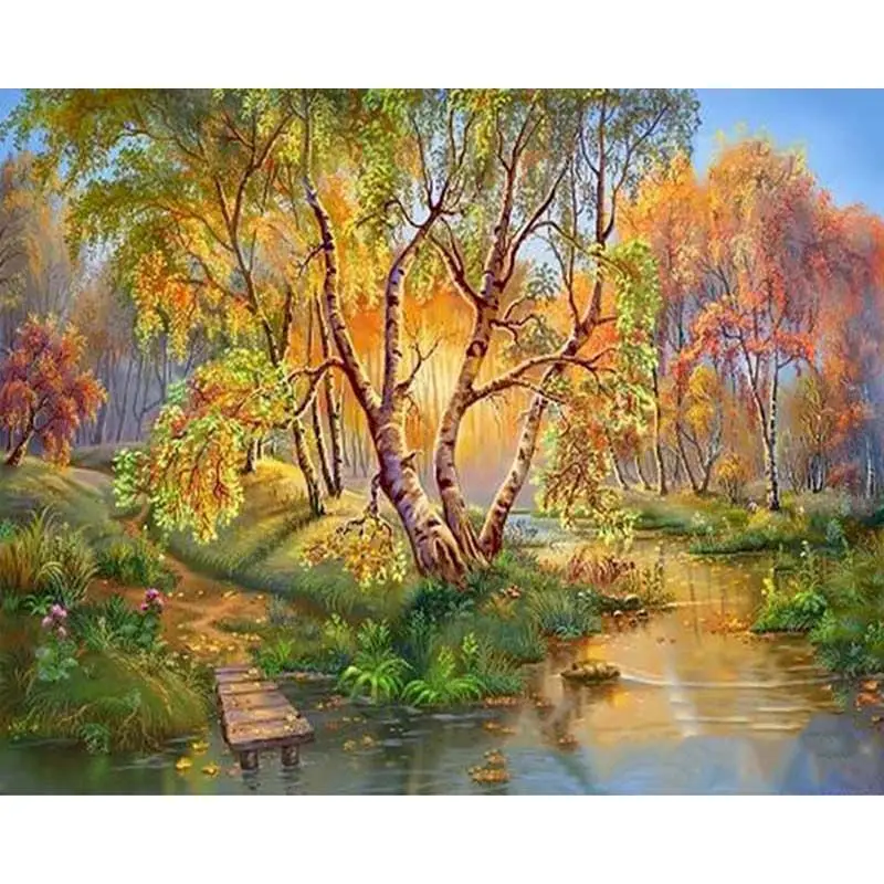 

SELILALI Frame Painting By Numbers For Adults Yellow Forest River Landscape Picture By Number Handmade Diy Framed Home Arts
