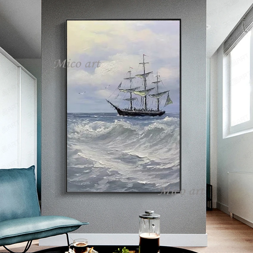 

2022 Seascape Sailing Boat Ship Canvas Picture Art Hand-painted Abstract Texture Wall Oil Painting Art For Living Room Decor