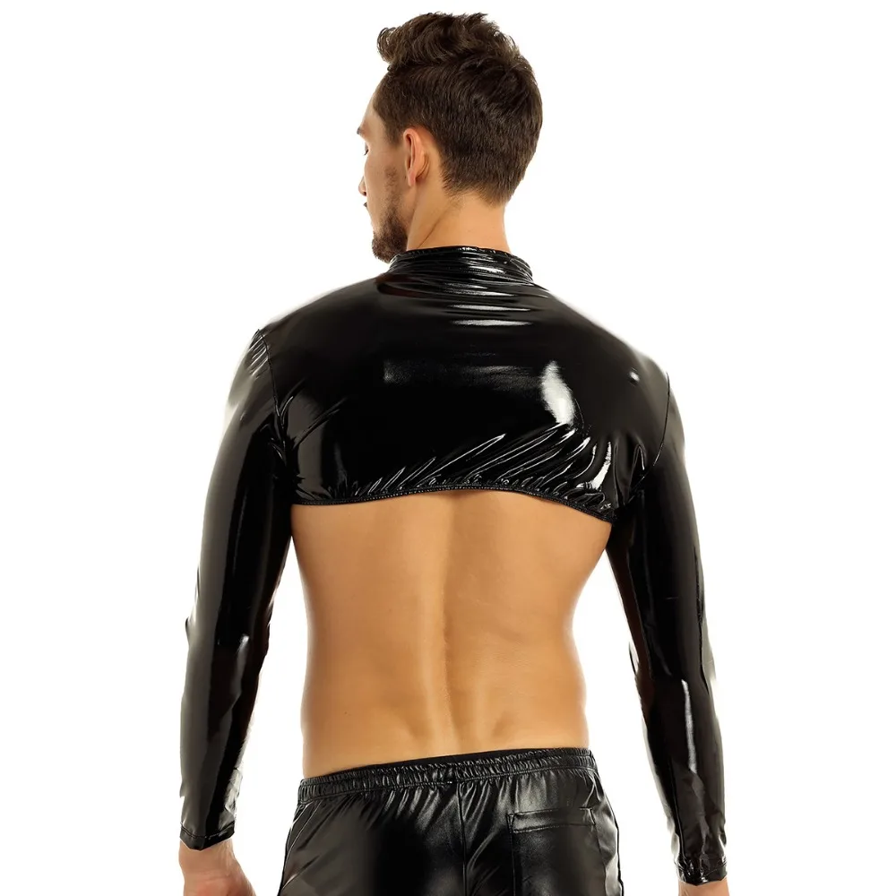 Абсолютно мужской топ Wetlook с длинным рукавом и стоячим воротником, с круглым вырезом спереди, сексуальный клубный костюм для ночного клуба